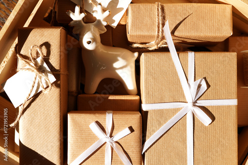 Stylish Decorated Christmas Gifts. Still Life of Holidays Presents. Advent Calendar Idea.     