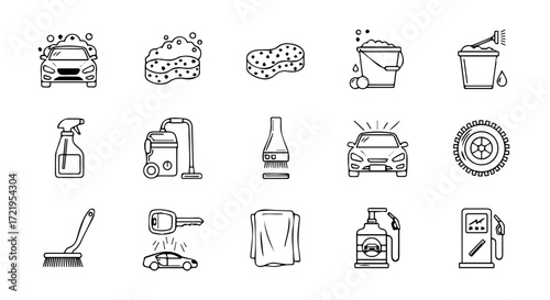 Comprehensive collection of car wash and detailing line icons, representing essential auto care tools and services for modern vehicle maintenance