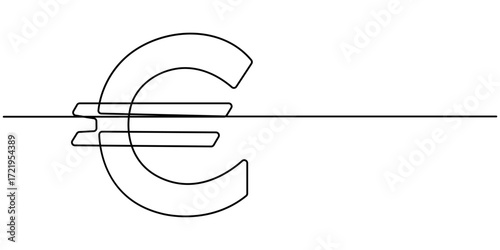 euro symbol continuous one line drawing, euro pean union currency, modern, illustration, design element, outline vector. 