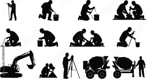 Construction workers, silhouettes, excavation, cement mixer, teamwork, manual labor, surveying, tools, bucket work, foundation laying, industrial site, infrastructure, machinery, building process