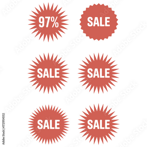 Collection of sunburst sale labels featuring percentage off and sale text for promotions