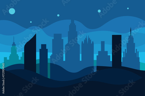 Winter urban skyline at night with a silhouette of a skyscraper under a bright moon
