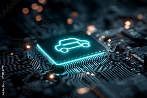 3d illustration of closeup of a glowing car icon on a microchip, symbolizing the future of autonomous vehicles and technology 4k