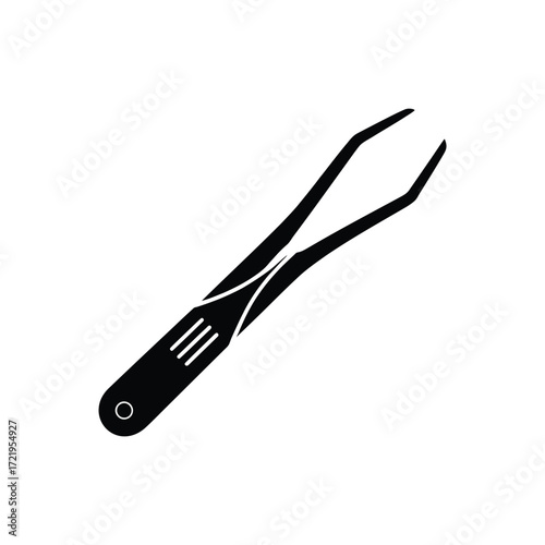 Black silhouette of a pair of fine pointed tweezers on a white background
