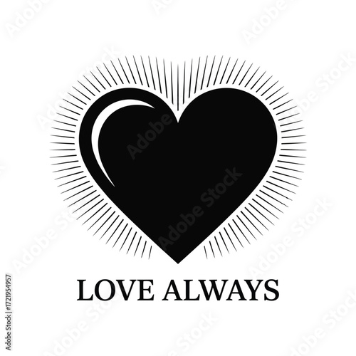 Radiant black heart with "love always" text symbolizing eternal affection and devotion