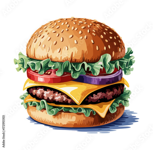 Cheeseburger vector illustration, juicy burger with cheese, lettuce, tomato, and bun, isolated on transparent background, perfect for fast food designs, menus, and digital projects