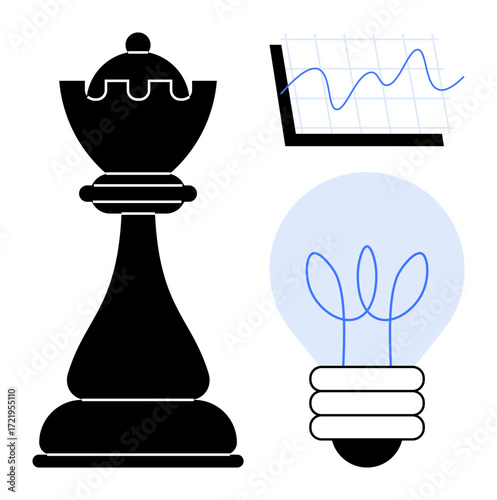 Chess queen for strategy, graph for data trends, and bulb for innovation. Ideal for leadership, planning, analytics, innovation, growth decision-making vision. Simple flat metaphor