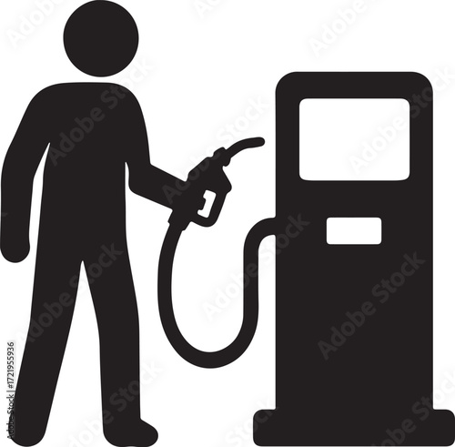 Silhouette of Gas Station Attendant Holding Fuel Nozzle Next to Pump in Minimalist Black and White Vector Illustration for Refueling Concept