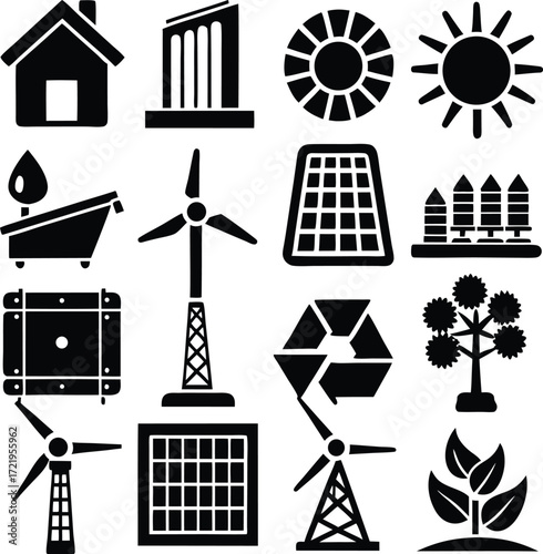 Clean renewable energy and sustainability icons featuring solar power wind turbines trees water drop and more eco friendly concepts