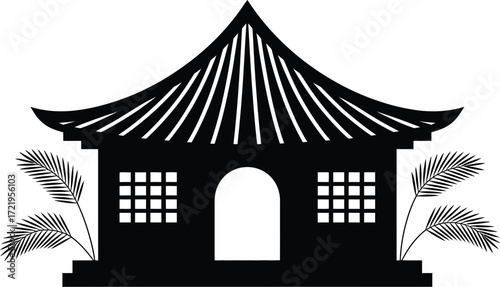 Silhouette of asian temple building with palm trees vector illustration