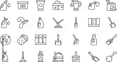 50 linear cleaning icon pack. vector thin line cleaner, cream, floor mop, cleaning window, dust, oxidizing agent, dust pan icons suitable for apps and websites ui designs
