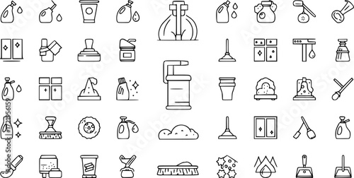 50 linear cleaning icon pack. vector thin line cleaner, cream, floor mop, cleaning window, dust, oxidizing agent, dust pan icons suitable for apps and websites ui designs