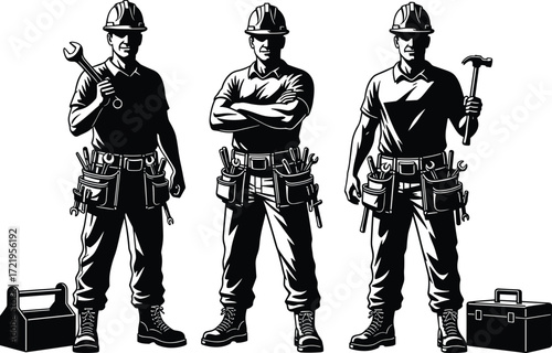 Construction workers, teamwork, hard hats, tools, wrench, hammer, toolbox, labor, industrial, safety gear, skilled trades, engineering, boots, jobsite, manual work, craftsmanship