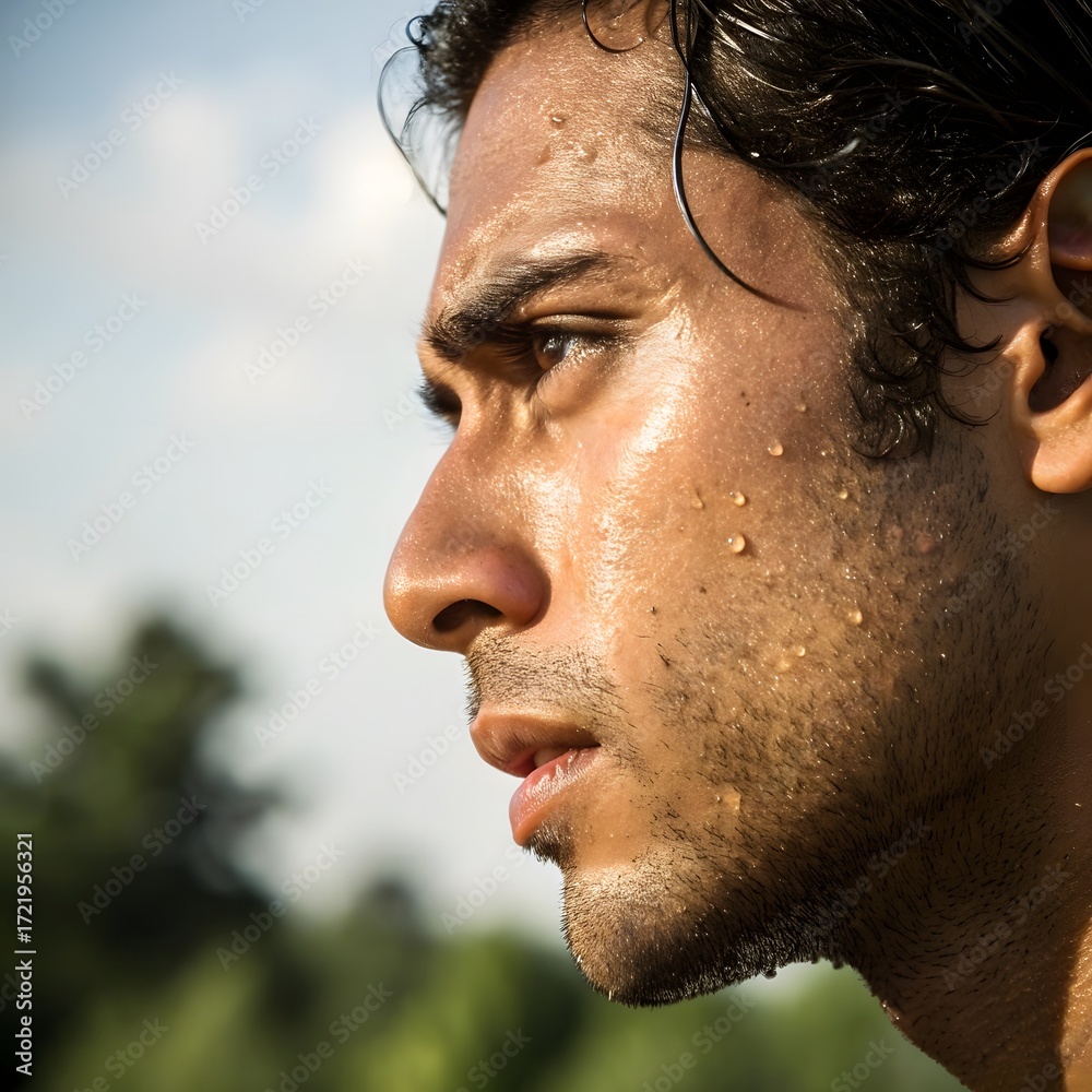Fototapeta premium Close up profile of a man s face glistening with sweat after intense physical exertion outdoors