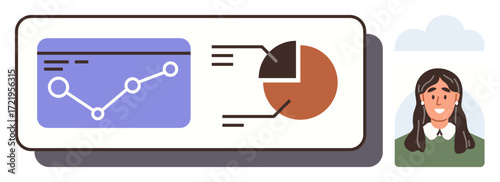 Woman next to analytics display featuring a line graph and pie chart. Ideal for business, analytics, presentation, education, teamwork, productivity, and strategy themes. Simple flat metaphor