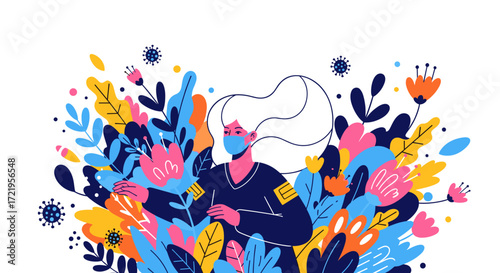 A woman wearing a mask walks through a garden surrounded by colorful flowers and plants.
