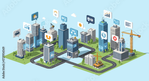 Illustration of a connected smart city with various data streams and buildings.