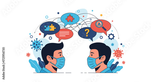 Two people in masks discussing ideas and information through speech bubbles representing communication and problem solving during a pandemic.