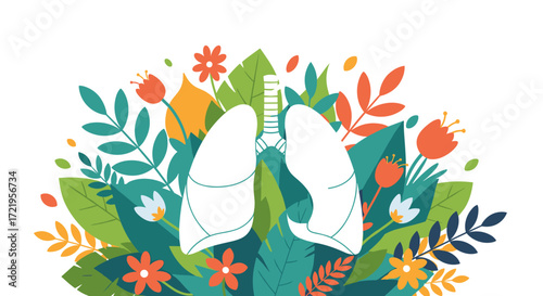 Illustration of human lungs surrounded by lush green leaves and colorful flowers representing health and nature.