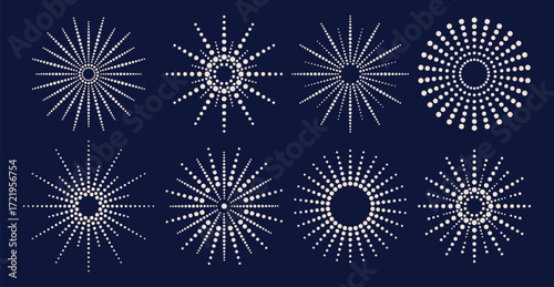 Abstract exploding festive fireworks isolated on black background. Geometric snowflakes made of dots, circles for holiday banner, flyer, greeting card. Decorative element for New Year. Vector EPS10