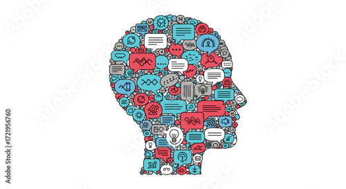 A silhouette of a human head filled with numerous speech bubbles in various colors and sizes representing communication and thoughts.