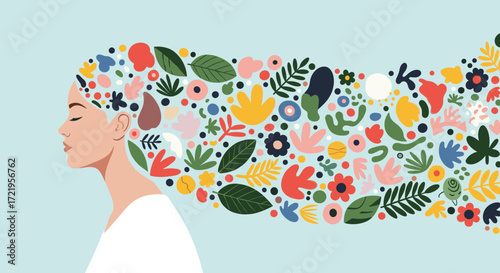 Illustration of a woman with long hair filled with colorful flowers and leaves in a dreamlike state.
