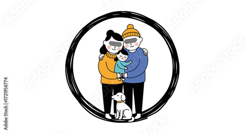 A loving family of three with their pet dog and a dog at home.