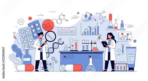 Scientists conduct research in a modern laboratory setting with various scientific equipment and materials.