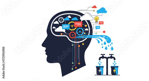 This illustration depicts the concept of information flow and cognitive processing within the human mind.