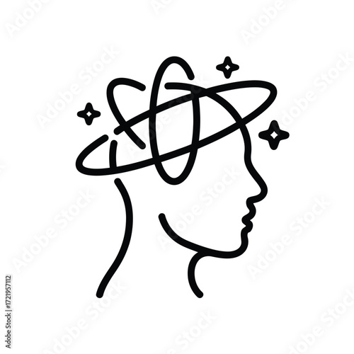 Abstract line art of a human head with swirling orbits and stars representing thoughts