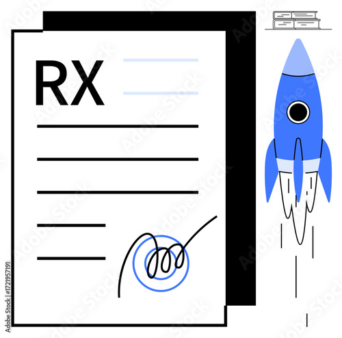 Large RX paper document with a signature and flying blue rocket symbolizing innovation, progress, and efficiency. Ideal for healthcare, technology, startups, speed, success medicine innovation. A