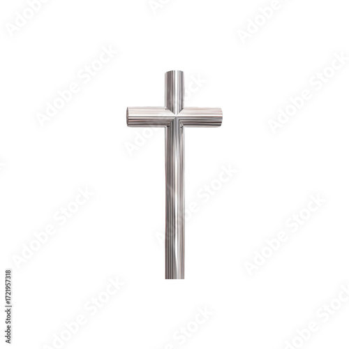 Shiny silver Christian cross with metallic texture and reflective surface symbol of faith and religion isolated on white background