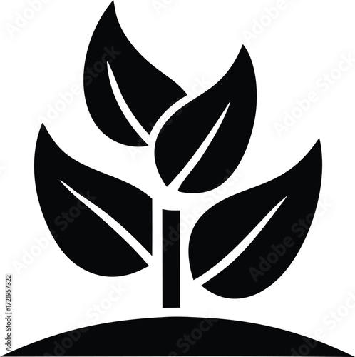 Simple black and white silhouette of a growing plant with three leaves symbolizing nature growth and agriculture agriculture food greenery organic farming