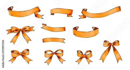 orange decorative ribbons, orange bow ribbons, orange awareness ribbons, orange ribbon elements, orange ribbon shapes, orange ribbon flat design, orange ribbon cartoon, orange ribbon doodle, orange ri
