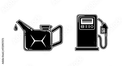 Monochrome vector icons of a gas pump and motor oil can, representing automotive fuel and vehicle maintenance services