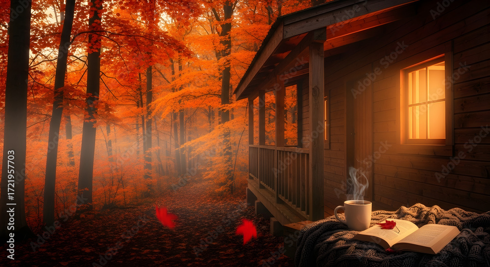 Naklejka premium A warm and inviting autumn scene features a cabin with a book, coffee, and a cozy blanket, surrounded by a vibrant forest.