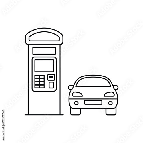 Simple line drawing of a car parked next to a parking meter or payment station