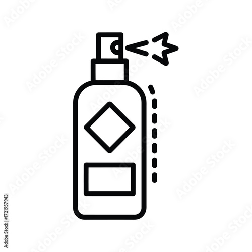 Simple line art icon of a spray bottle dispensing liquid with a diamond shape label