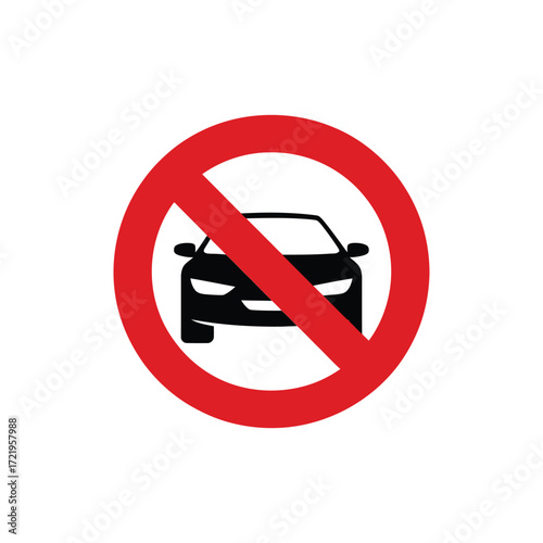 “No Cars Allowed” traffic symbol with black vehicle silhouette and red prohibition circle—representing restricted access and road safety