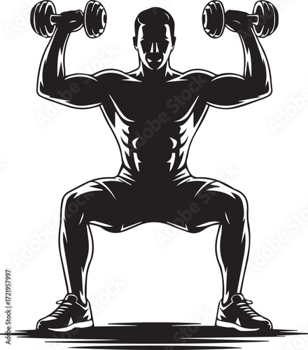 Muscular man silhouette performing dumbbell squat exercise for strength training and fitness