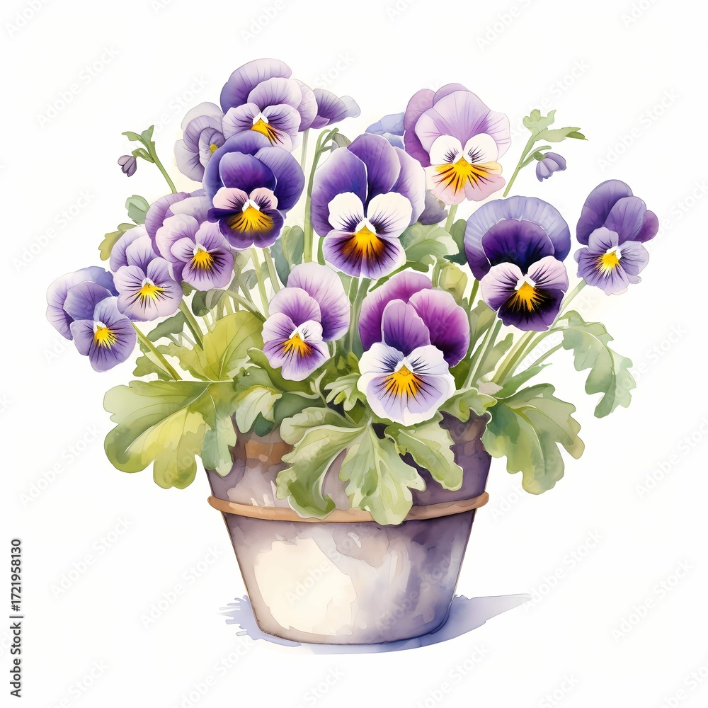 Naklejka premium The illustration shows a collection of purple and white pansies in a light brown flowerpot, set against a clean white background.