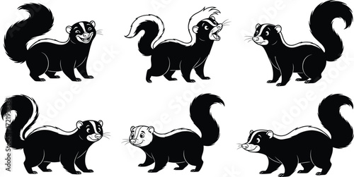 Cartoon skunks in expressive poses, black and white striped animals, playful vector illustration, cute wildlife character set, isolated design