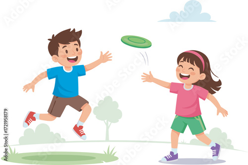 Children playing frisbee, cartoon outdoor scene, urban park activity, throwing disc, catching disc, physical exercise, vector kids illustration, summer fun