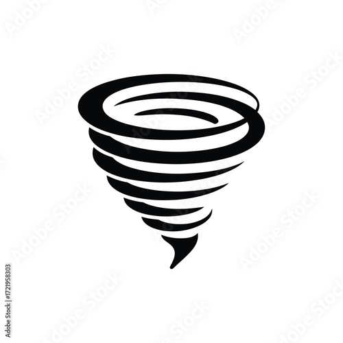 Stylized black and white illustration of a swirling tornado vortex against a white background