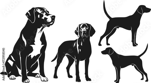 Dog illustration, black and white, pet silhouette, animal pose, canine artwork, vector dog, standing dog, sitting dog, stylized dog, breed design, dog posture, dog drawing, dog clipart