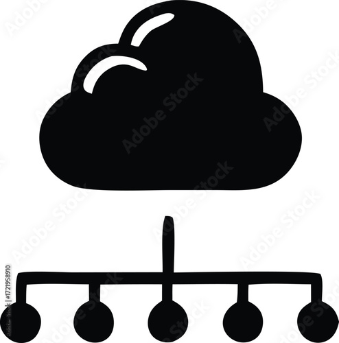 Abstract black cloud symbol connected to network nodes representing cloud computing and data storage solutions