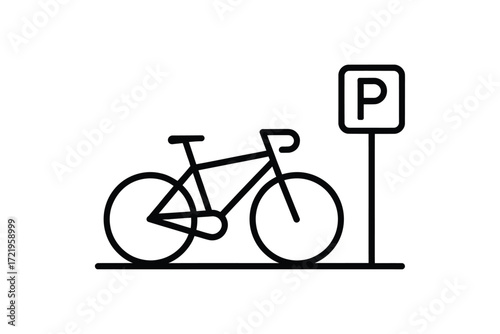 Simple line art icon of a bicycle next to a parking sign