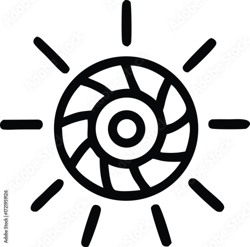 Stylized sun icon with radiating rays symbolizing light energy and warmth for solar power and celestial themes