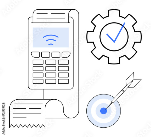 Payment terminal processing receipt, blue gear with check mark, and dart in bullseye target. Ideal for finance, efficiency, goal achievement, technology, business planning, strategy cashless system