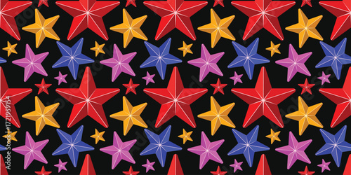 Seamless colorful star pattern on black background with red, purple, orange, and blue 3D styled stars, festive decorative vector design for celebration, party, holiday, and creative projects.